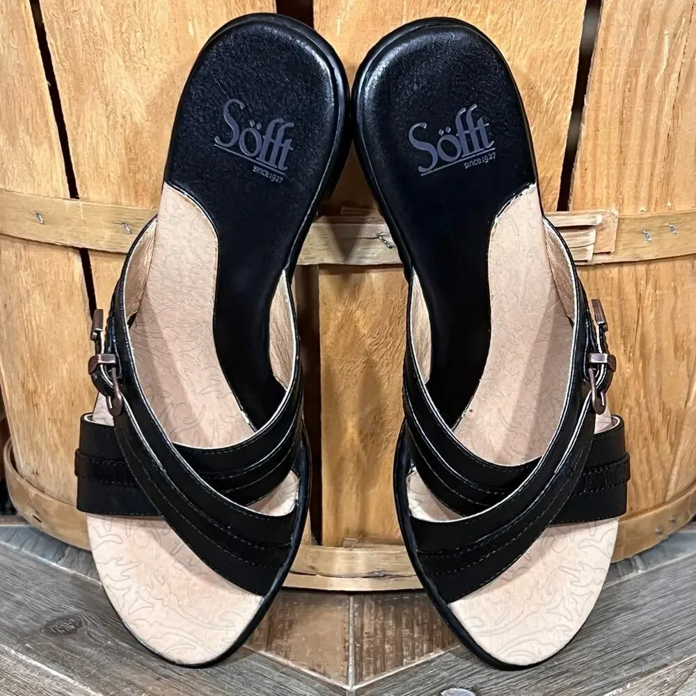 Sofft Black Leather Charm Criss Cross Slide Demi-Heel Sandals Womens Size 6
